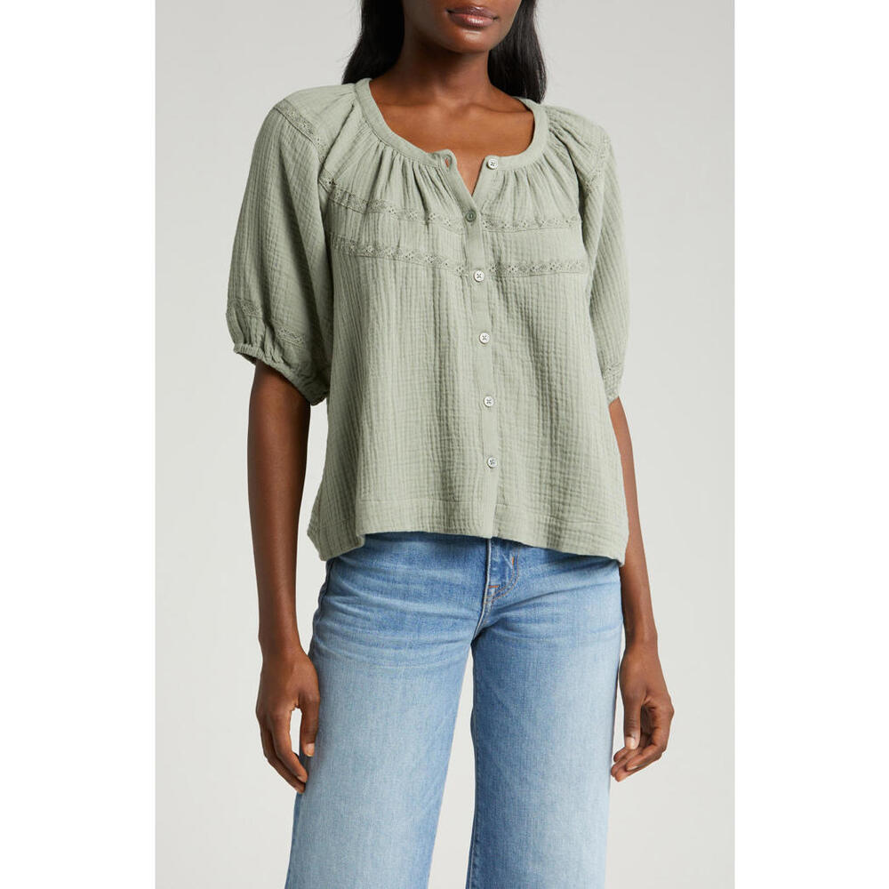 NWT! Marine Layer Wren Puff Sleeve Button-Up Top in Shadow Size Small